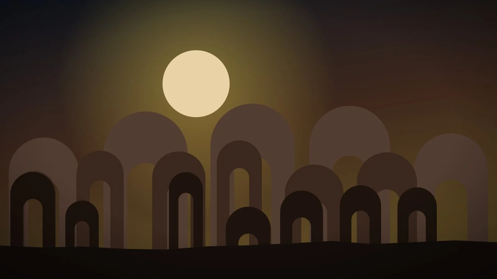 Placeholder key art for Ashen Meridian: silhouetted stone arches under a pale moon